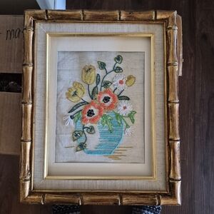 Floral Embroidered Crewel Art in Gold Framed To 11x14 Actual Work Is 8x10